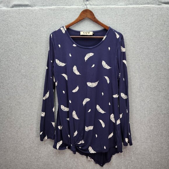 DJT Tops - DJT Womens Navy Blue Feather Print Long Sleeve‎ Tunic Top L